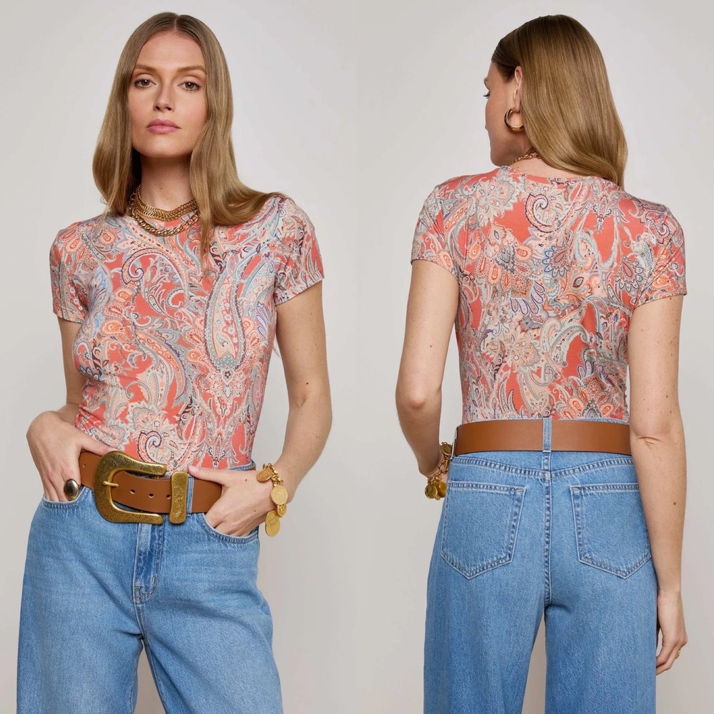 L'AGENCE Ressi Fitted Tee Orange Light Blue Paisley Women XS Soft Micro Rib NEW